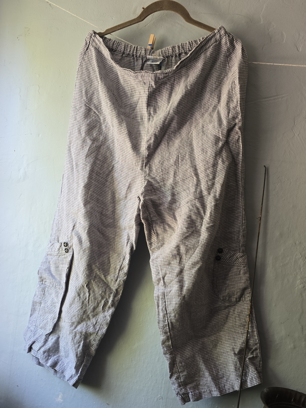 Habitat Linen Wide Leg Gingham Check LAGENLOOK Pants Elastic Back Sz Medium